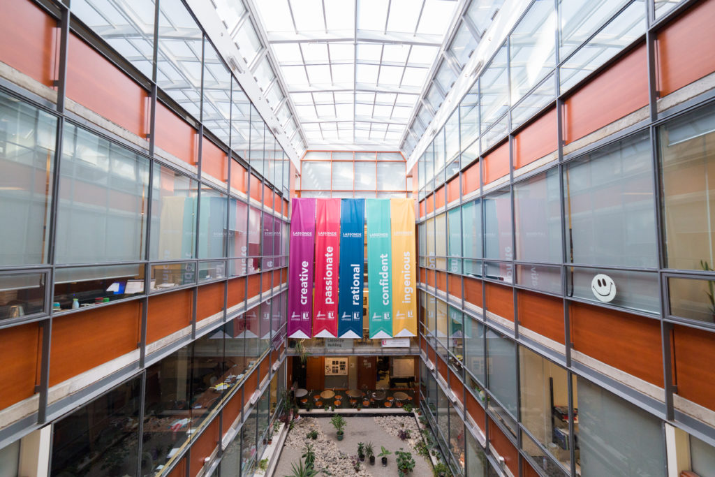 Interior of York building with banners