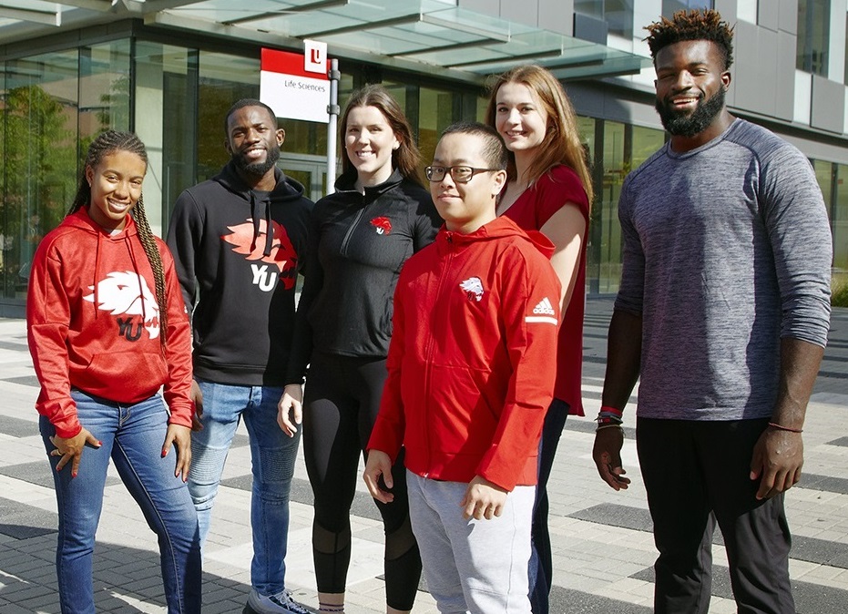 Group of smiling students wearing York U apparel