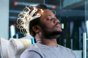 Person wearing a brain-monitoring device.